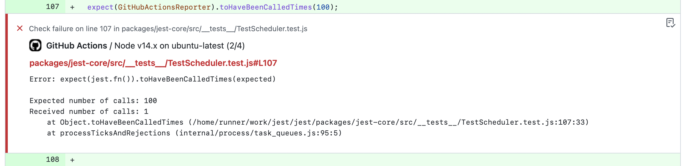 Captura de error de prueba en GitHub Actions